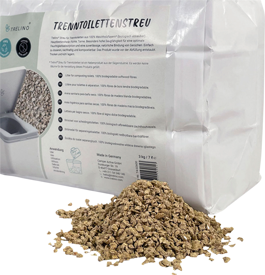 Strø for separasjonstoalett 7 liter myktre fiber - Trelino forfra
