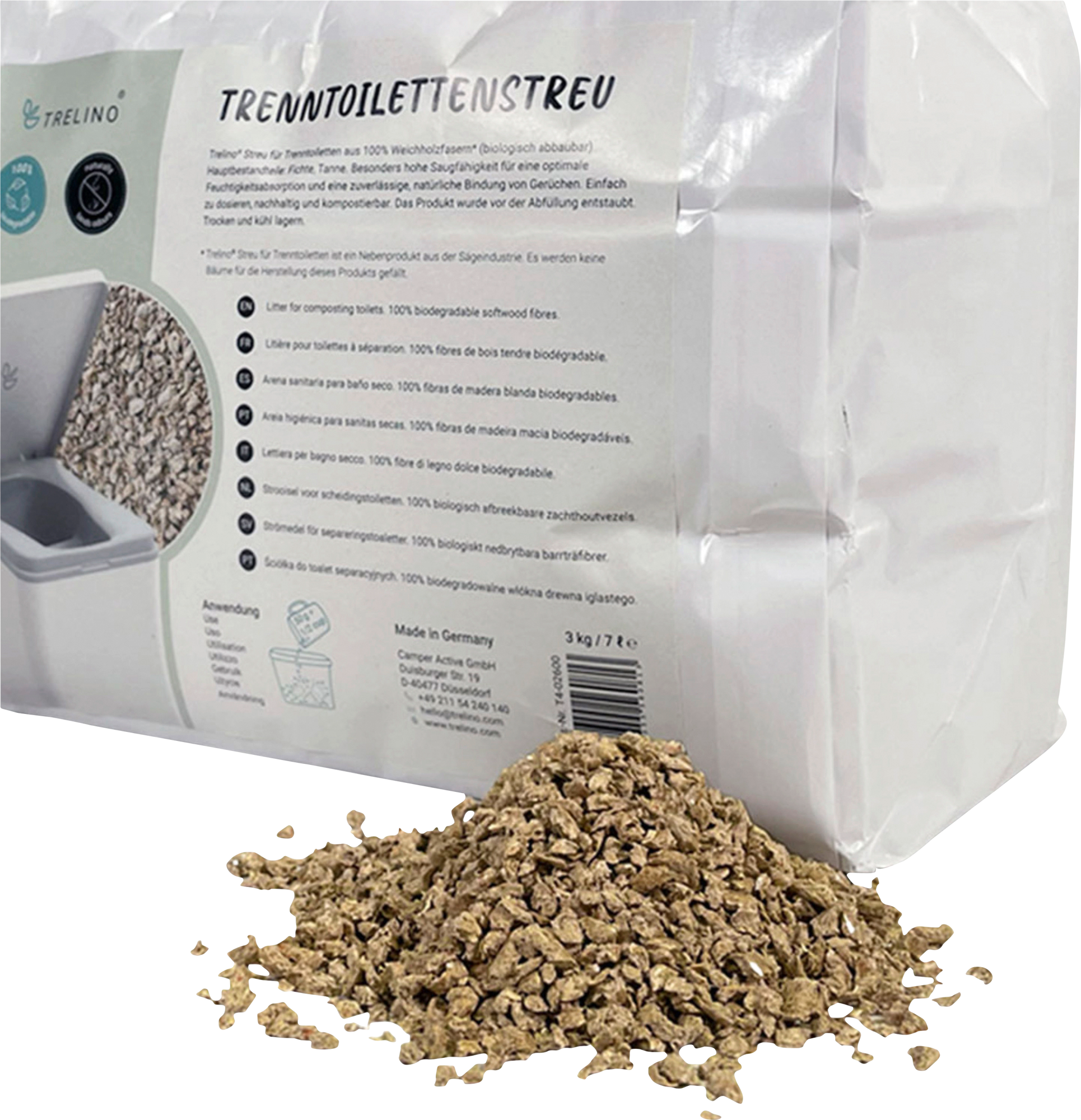 Strø for separasjonstoalett 7 liter myktre fiber - Trelino forfra