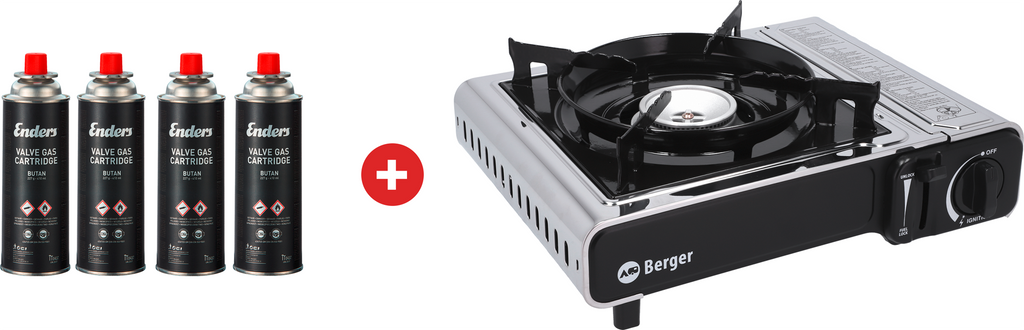 Stromboli gasskoker 2,2 kW med koffert inkl. 4x227 g gasspatroner forfra