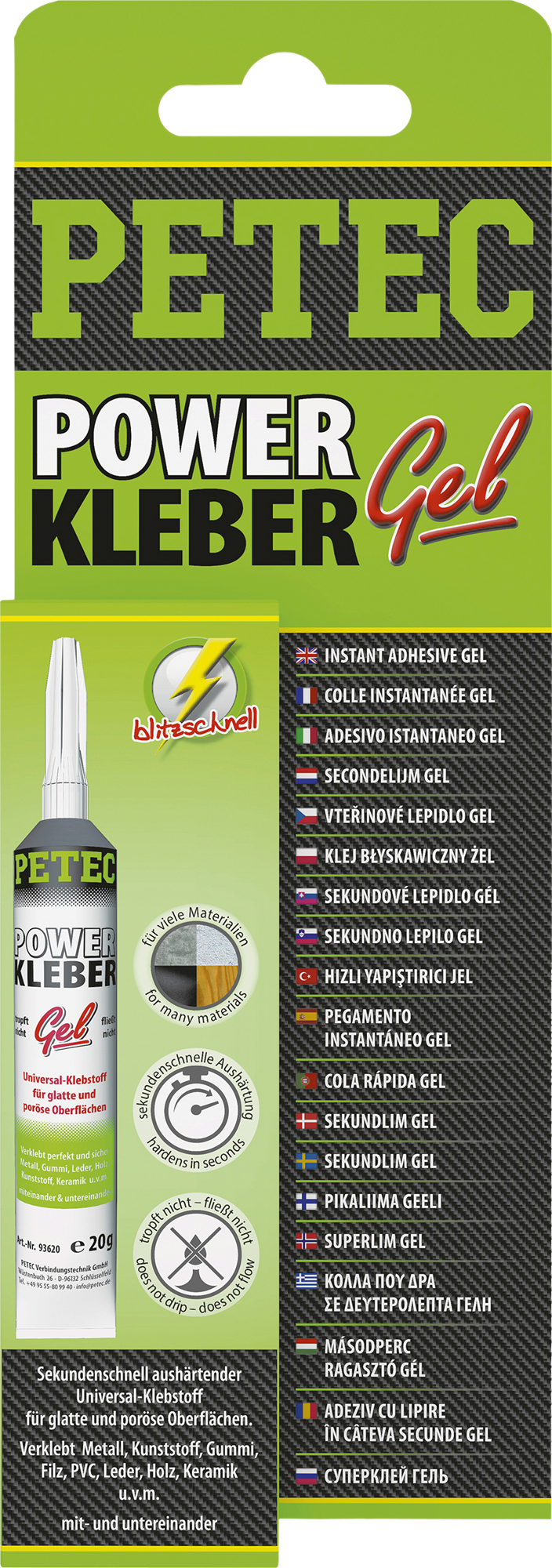 Superlim gel 20 g transparent for glatte og porøse overflater - Petec tube