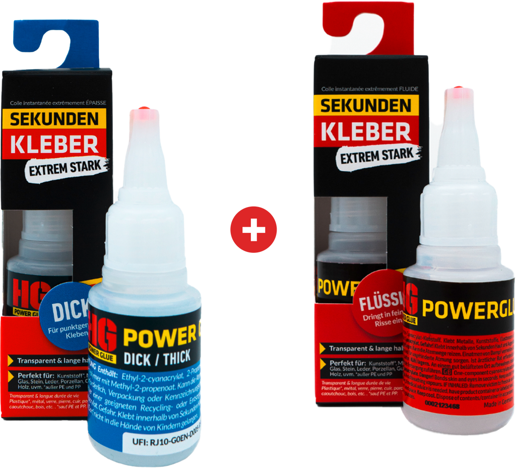 Superlim sett 2-delt tykt og flytende 2x20 g - HG Power Glue forfra