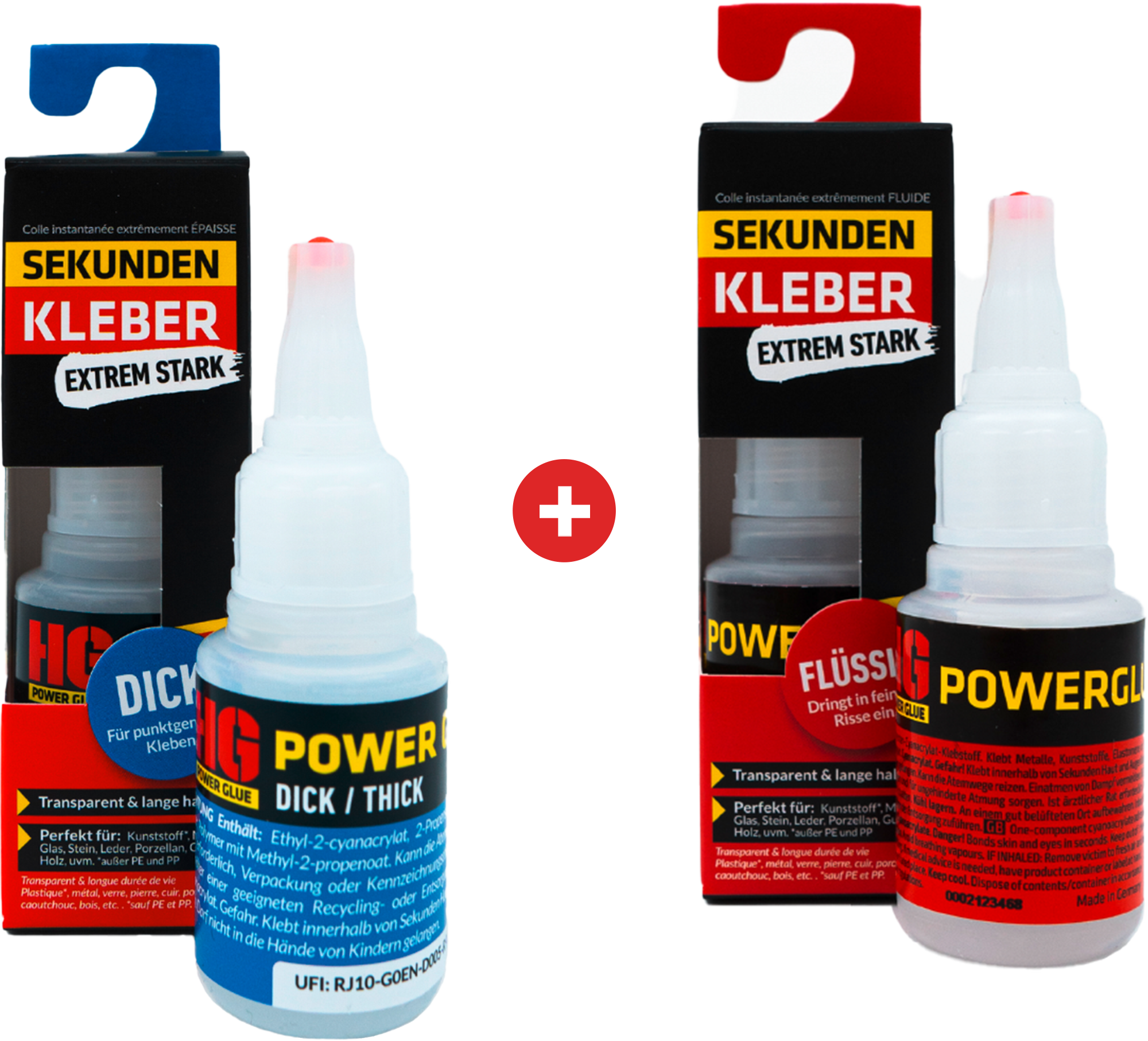Superlim sett 2-delt tykt og flytende 2x20 g - HG Power Glue forfra