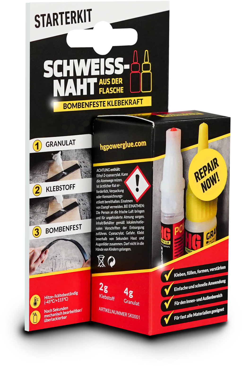 Sveiselim reparasjonssett 2-delt lim og granulat - HG Power Glue forfra