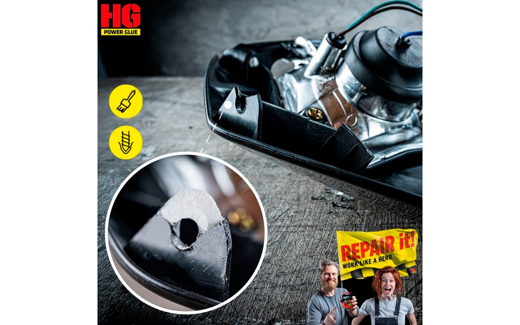 Sveiselim reparasjonssett 2-delt lim og granulat - HG Power Glue bakside
