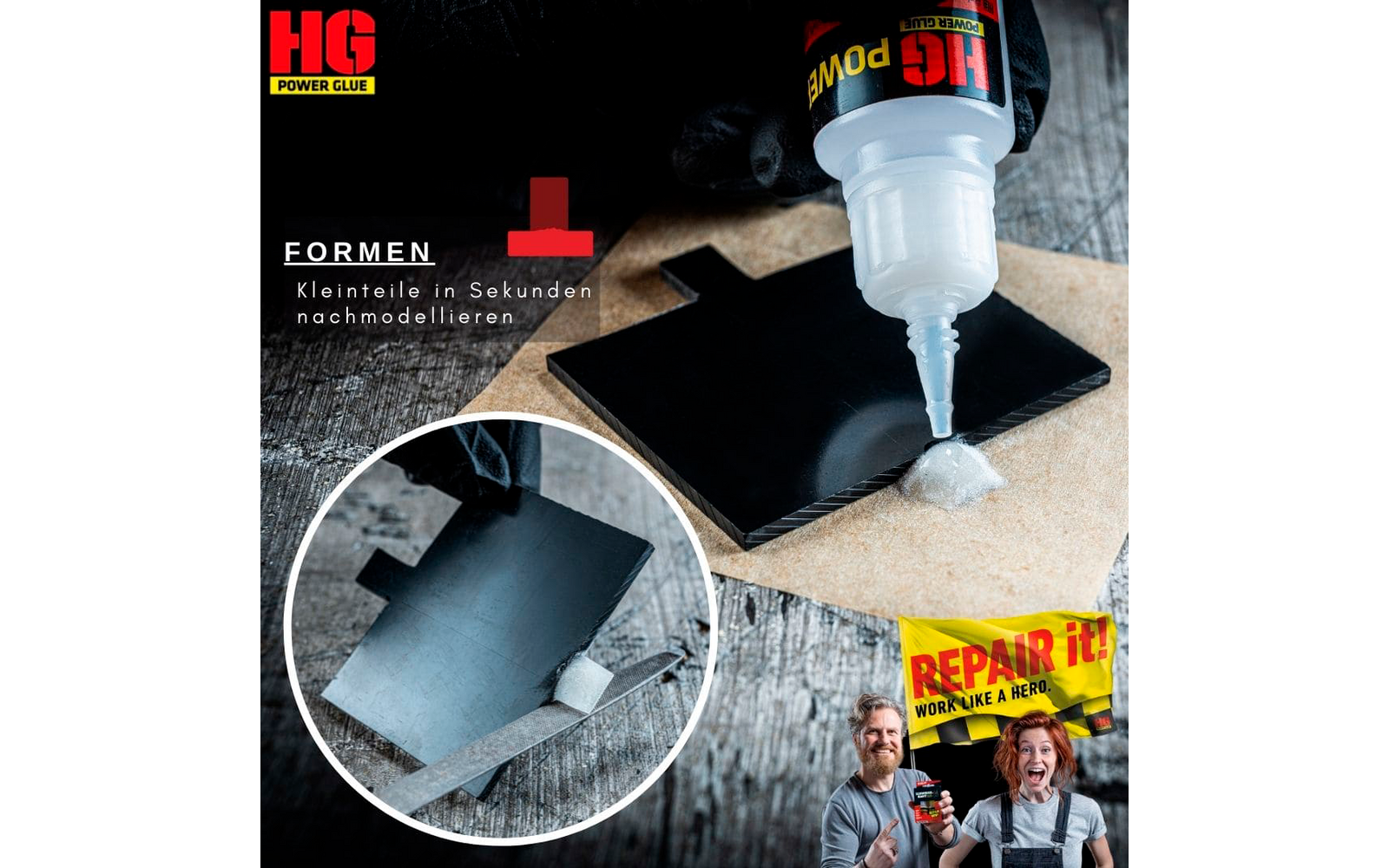 Sveiselim reparasjonssett 2-delt lim og granulat - HG Power Glue i bruk