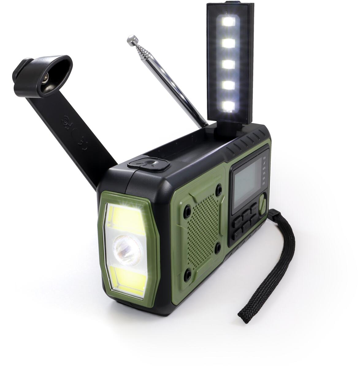 Sveivradio AM/FM/SW med powerbank 4000 mAh og solcelle forfra