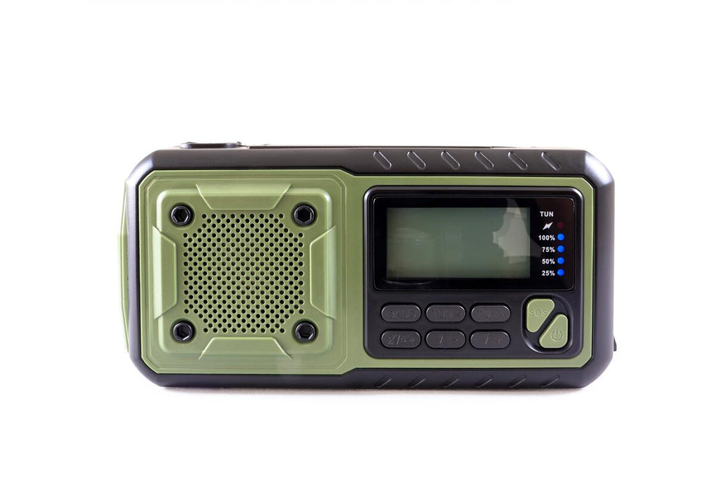 Detalj av knappene på Sveivradio AM/FM/SW med powerbank 4000 mAh og solcelle