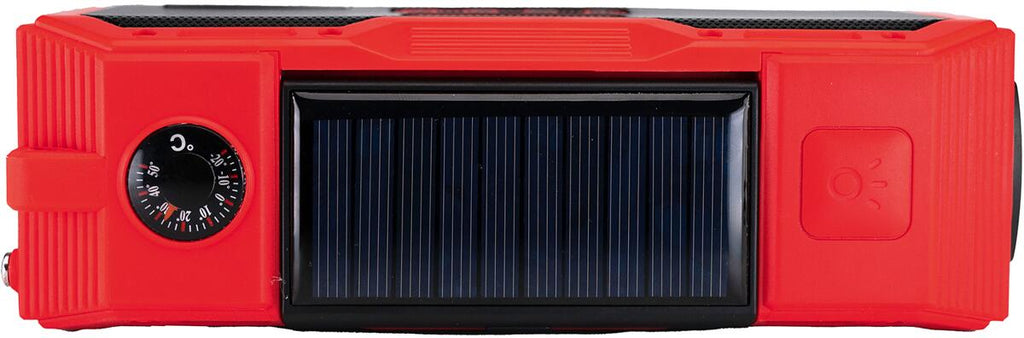 Sveivradio DAB+ med lommelykt og solcelle 4000 mAh montert på ryggsekk