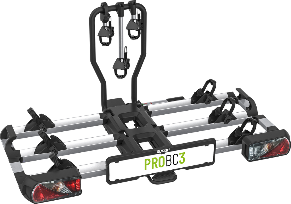 Sykkelstativ PROBC3 for tilhengerfeste, 3 sykler, e-bike forfra