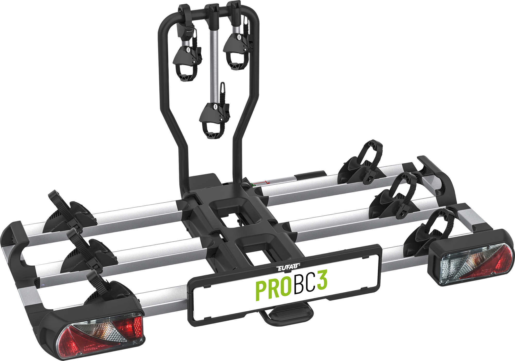 Sykkelstativ PROBC3 for tilhengerfeste, 3 sykler, e-bike forfra