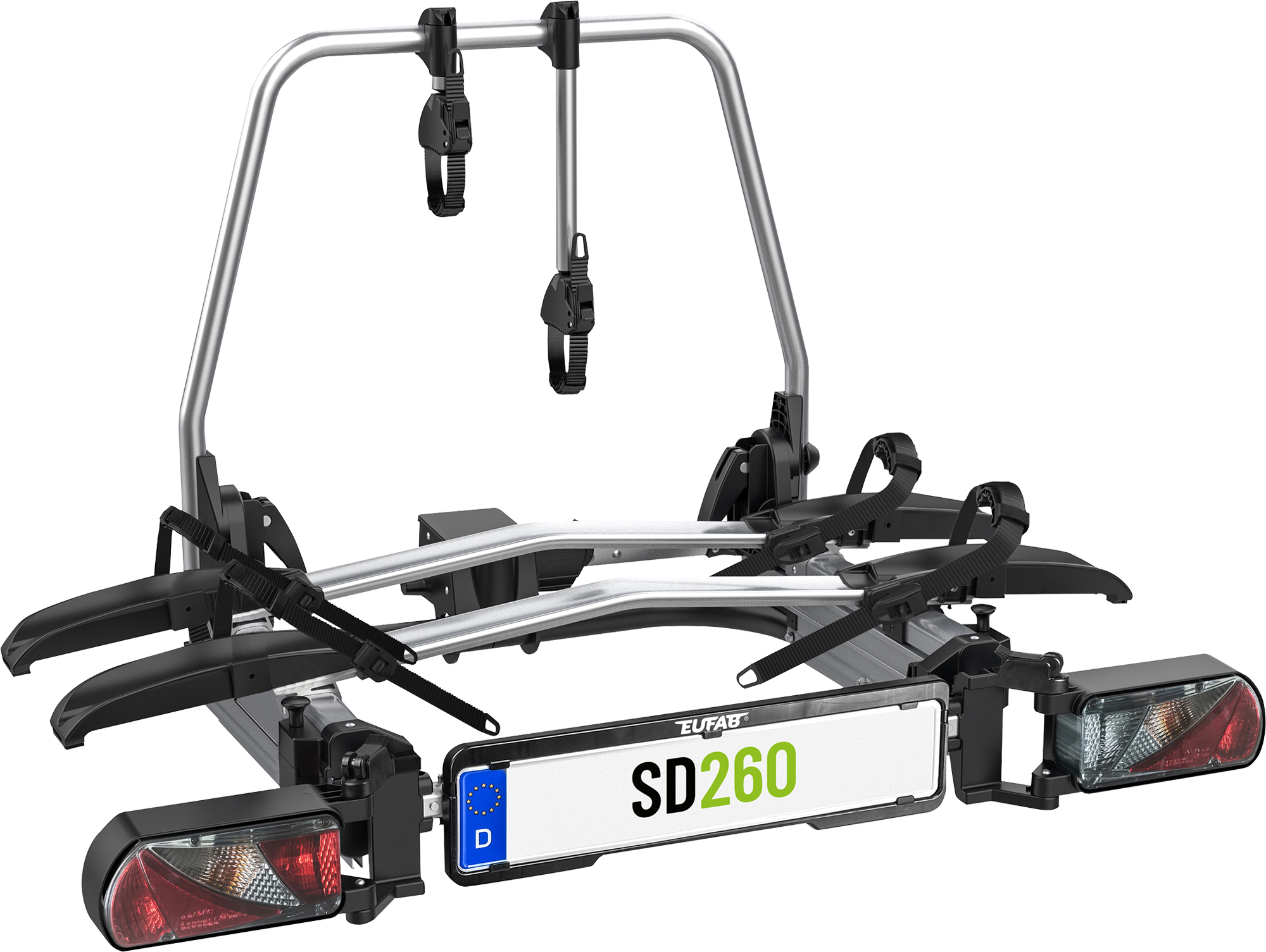 Sykkelstativ SD260 for tilhengerfeste 2 sykler sølv forfra