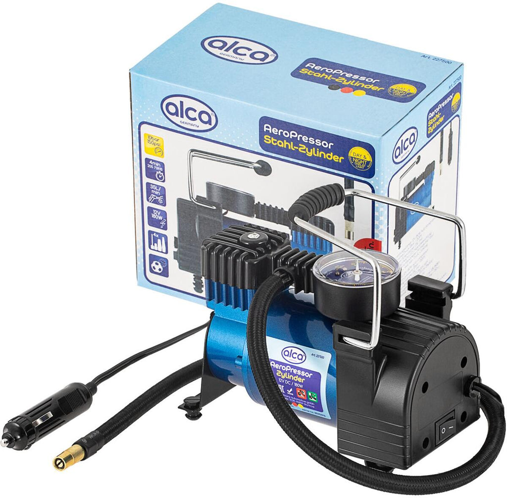 Sylinderkompressor AeroPressor 12V 180W 10 bar med medfølgende adaptere