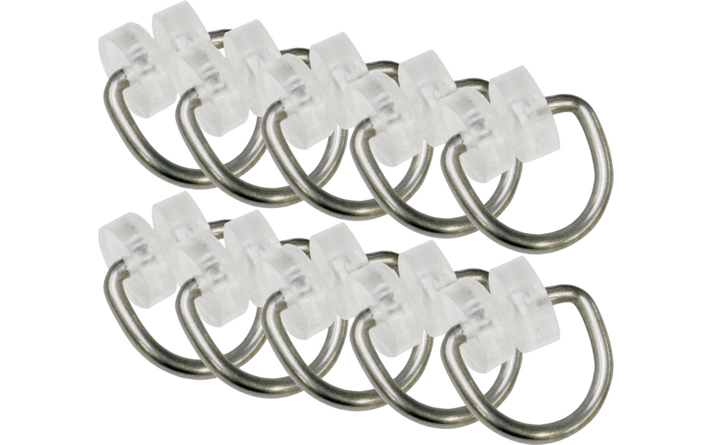 Detaljbilde av T-glideringer for gardinskinne i transparent og metall