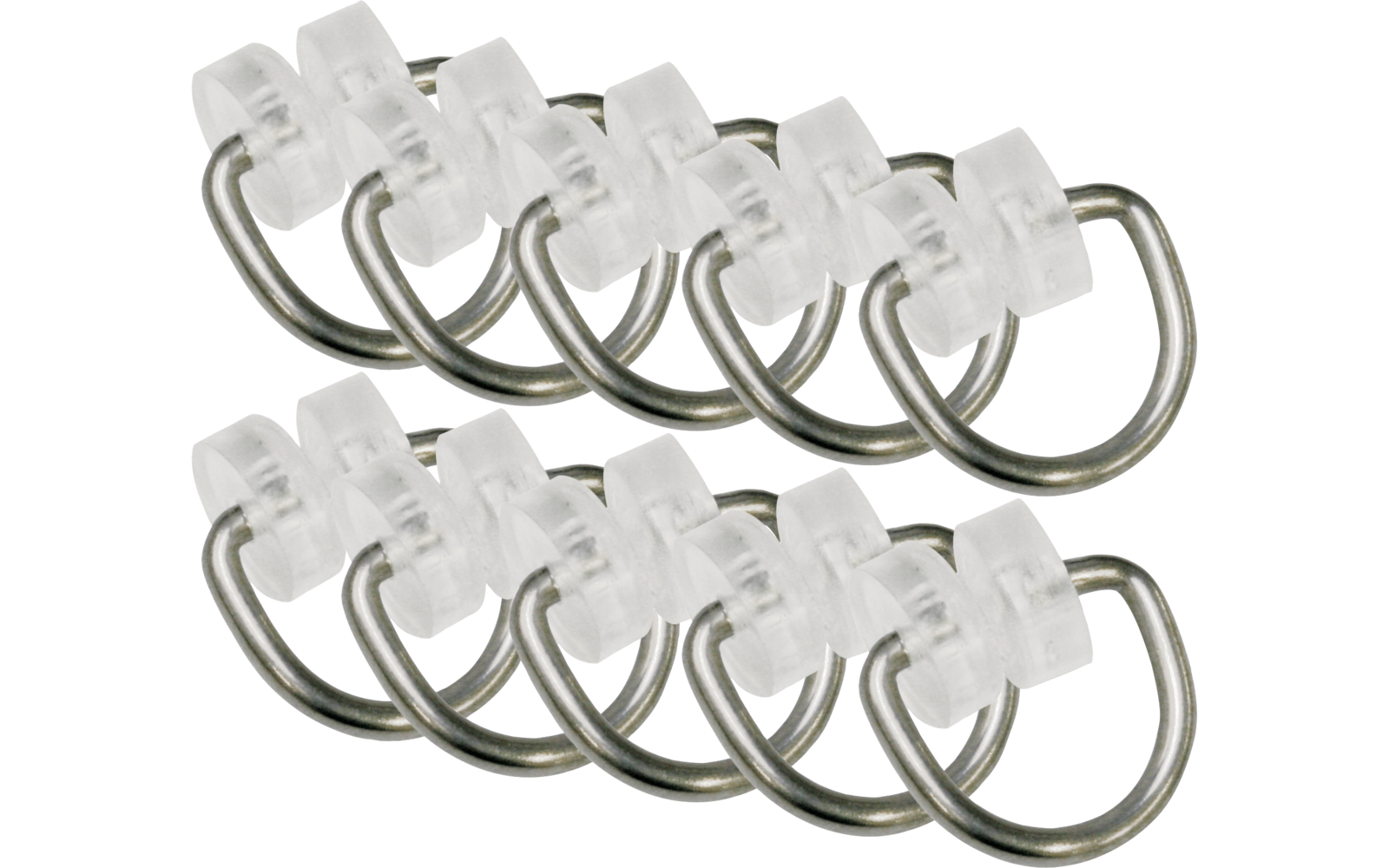 Detaljbilde av T-glideringer for gardinskinne i transparent og metall