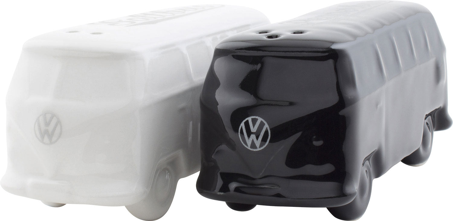 T1 Bus salt- og pepperbøsse i keramikk svart/hvit fra VW Collection forfra