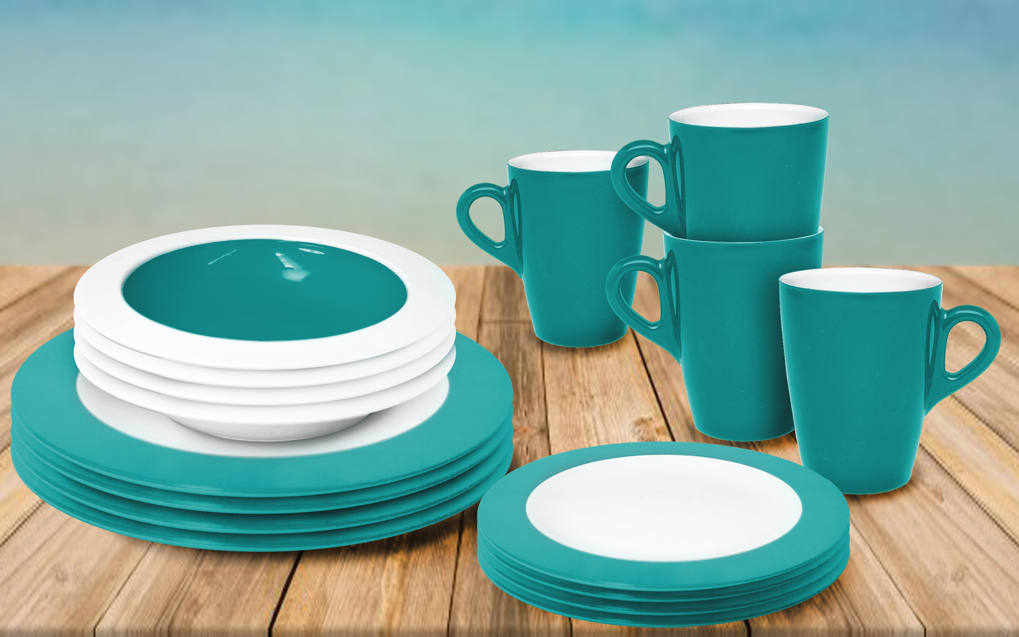 Tallerken- og skålsett 16 deler sea blue for 4 personer fra Omada