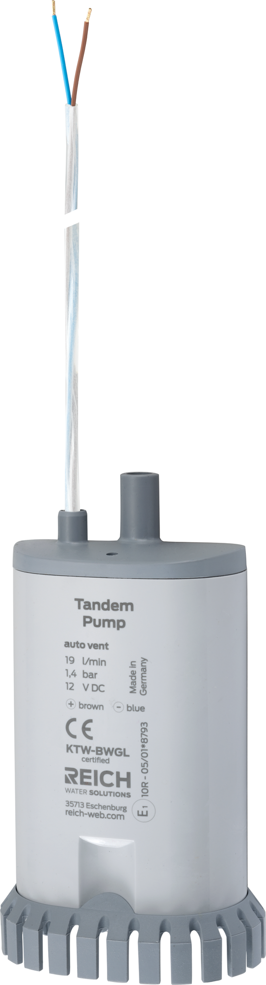 Tandem dykkpumpe med tilbakeslagsventil 12V 1,4 bar 19 l/min fra Reich for campingbruk