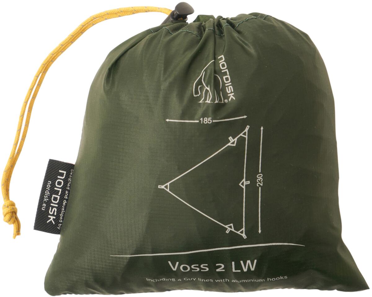Pakking av Tarp Voss 2 LW 184x230 cm ultralett 140 g nylon grønn i sekk