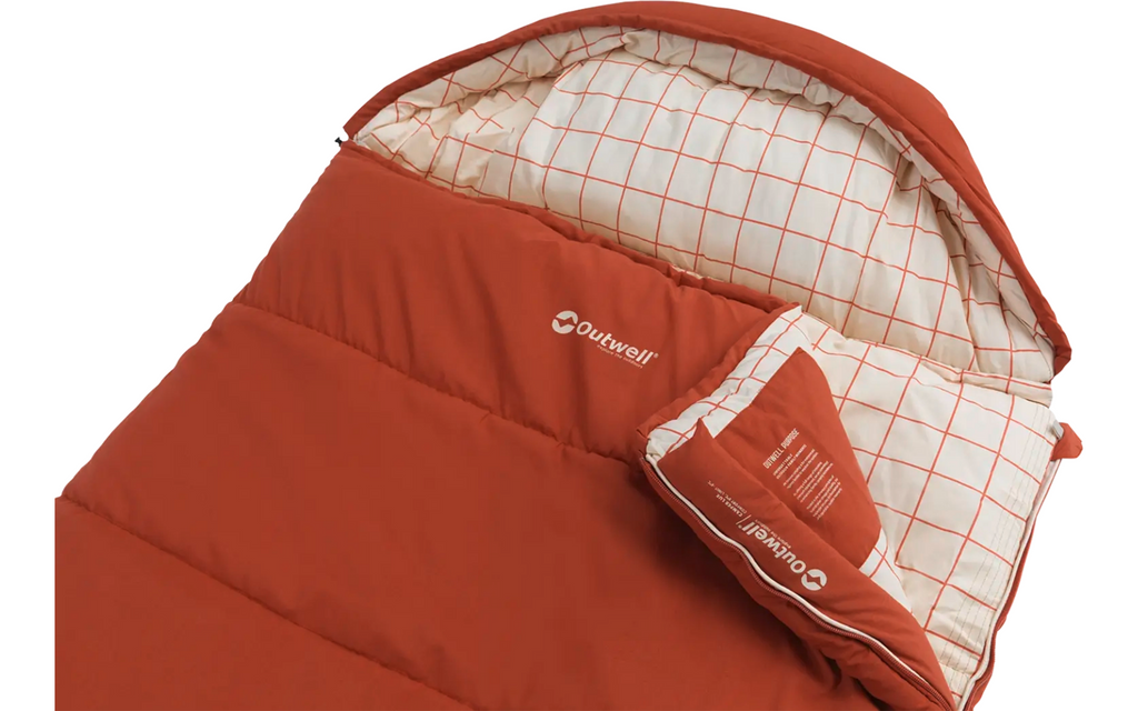 Nærbilde av bomullsfôret i Teppesovepose Camper Lux rød glidelås venstre 2,7 kg - Outwell