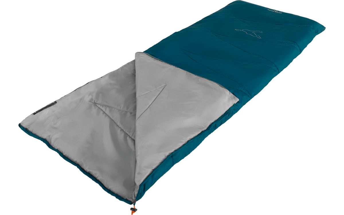 Teppesovepose Starling Square 10°C 190 x 75 cm blå - Easy Camp helt åpnet og brukt som teppe