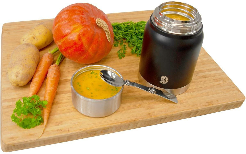 Nærbilde av lokk og åpning på Termosbeholder Deluxe rustfritt stål med spork i lokket - Origin Outdoors