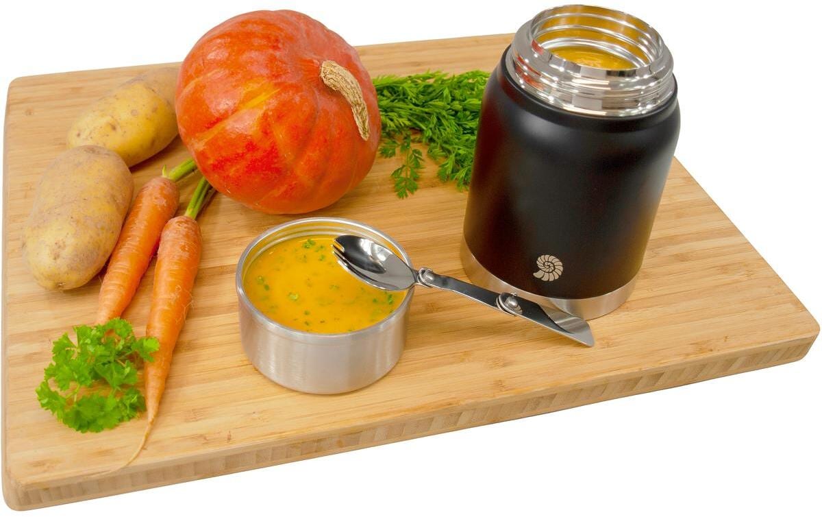 Nærbilde av lokk og åpning på Termosbeholder Deluxe rustfritt stål med spork i lokket - Origin Outdoors