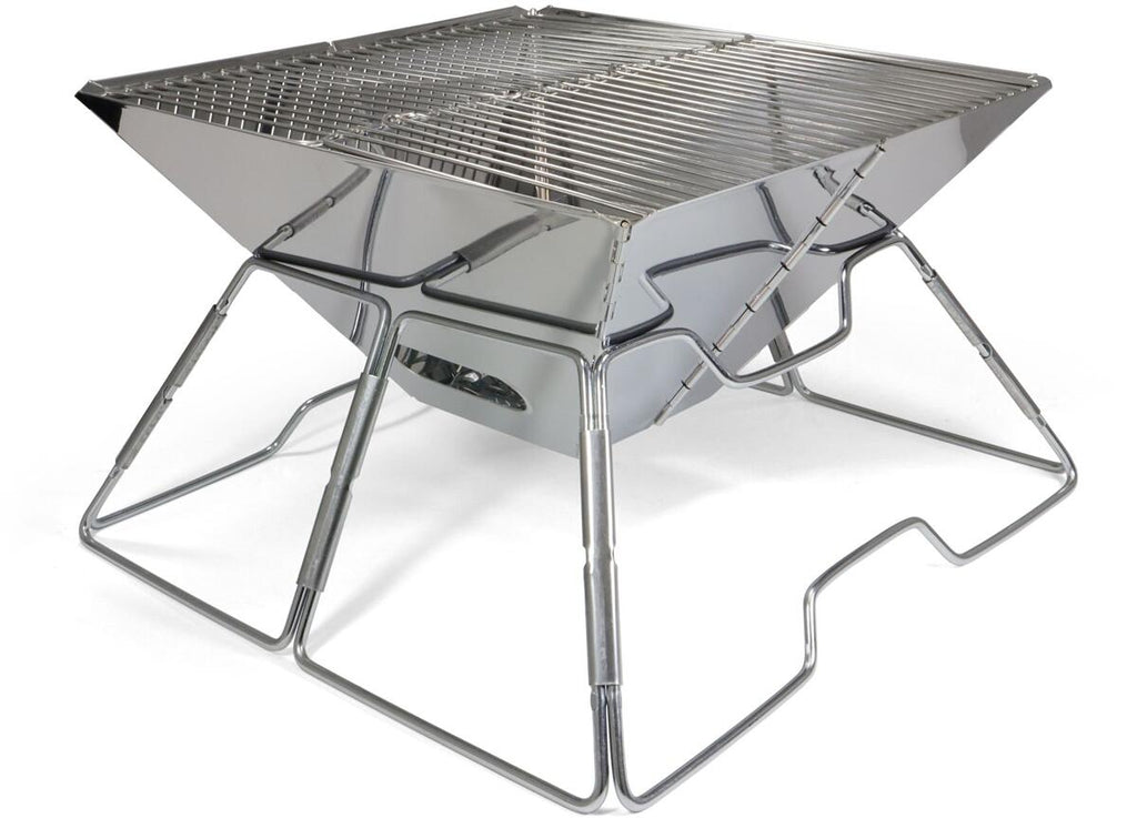 Tetragon grill- og ildskål i rustfritt stål forfra