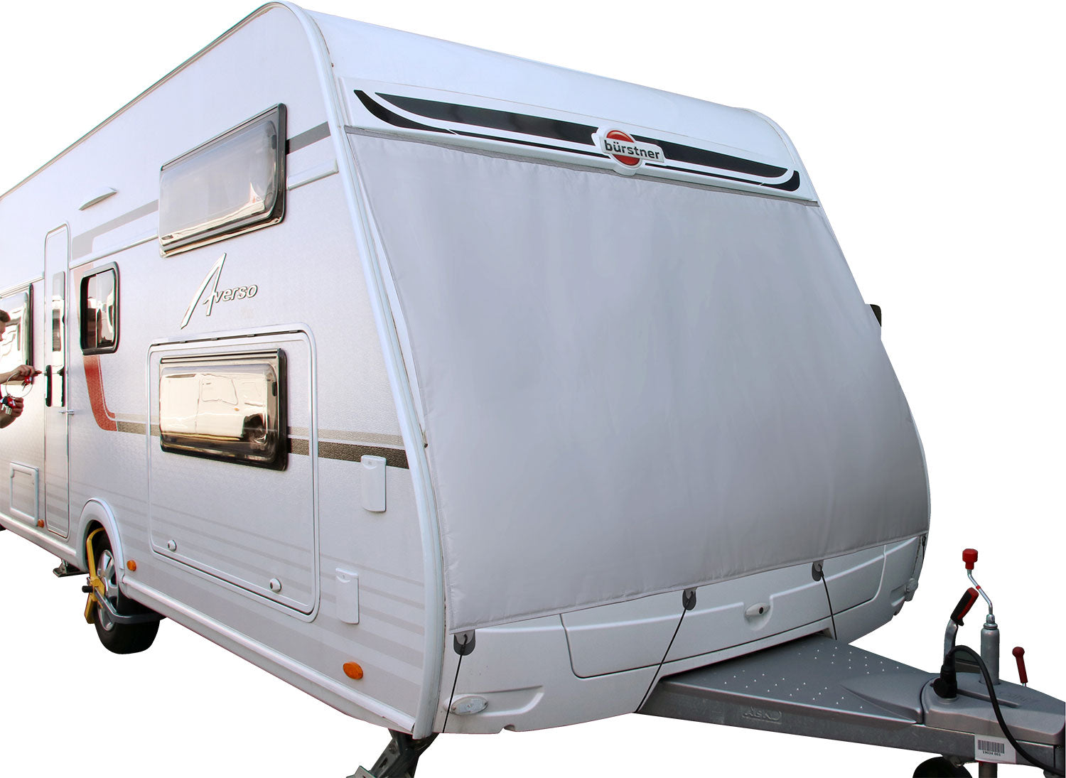 Thermo fronttrekk for campingvogn 180x150 cm isolert fra Hindermann montert foran campingvogn