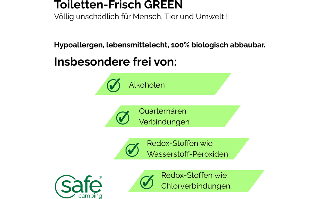 Detalj av Toalettilsetning Green for spylevanntank 250 ml - SAFE CAMPING flaske