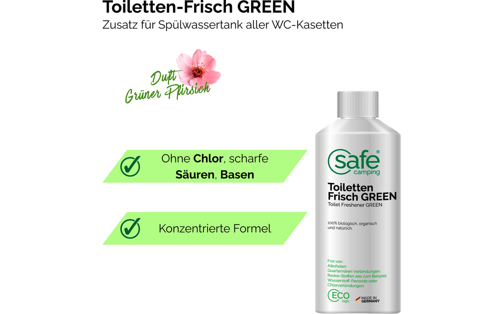 Toalettilsetning Green for spylevanntank 250 ml - SAFE CAMPING montert på spylevanntank
