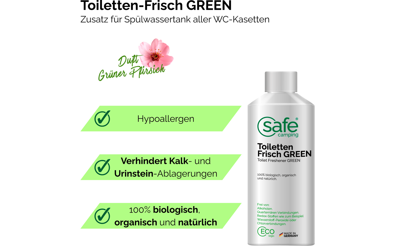 Nærbilde av etikett på Toalettilsetning Green for spylevanntank 250 ml - SAFE CAMPING