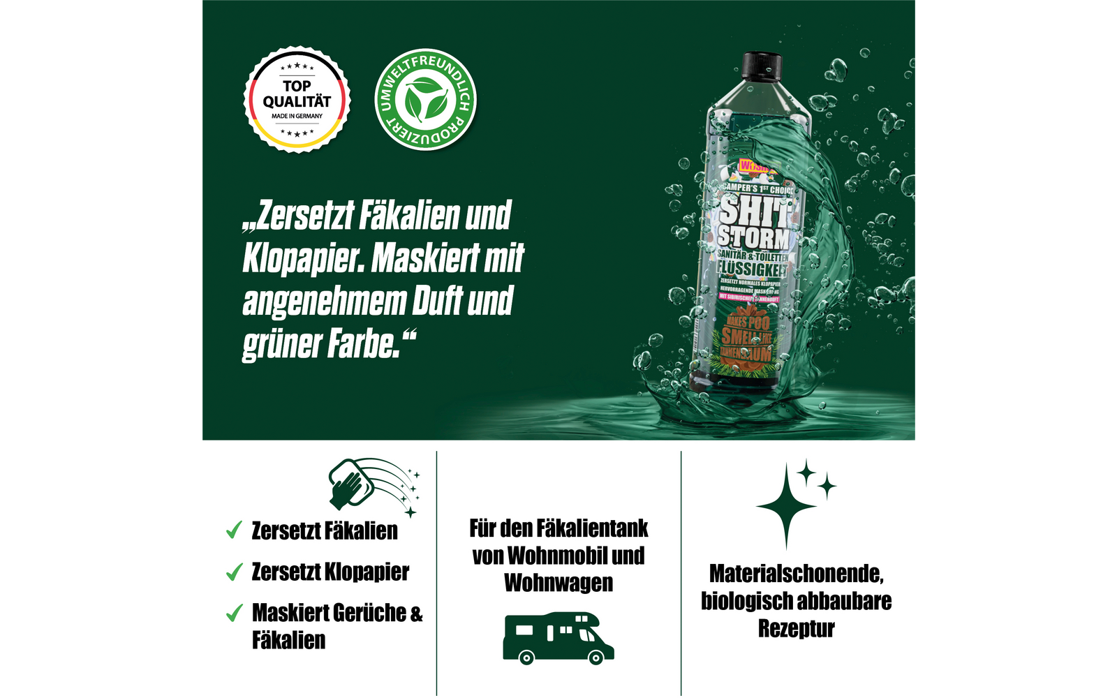 Nærbilde av etikett på Toalettilsetning Shitstorm sibirsk furu-duft 1 liter