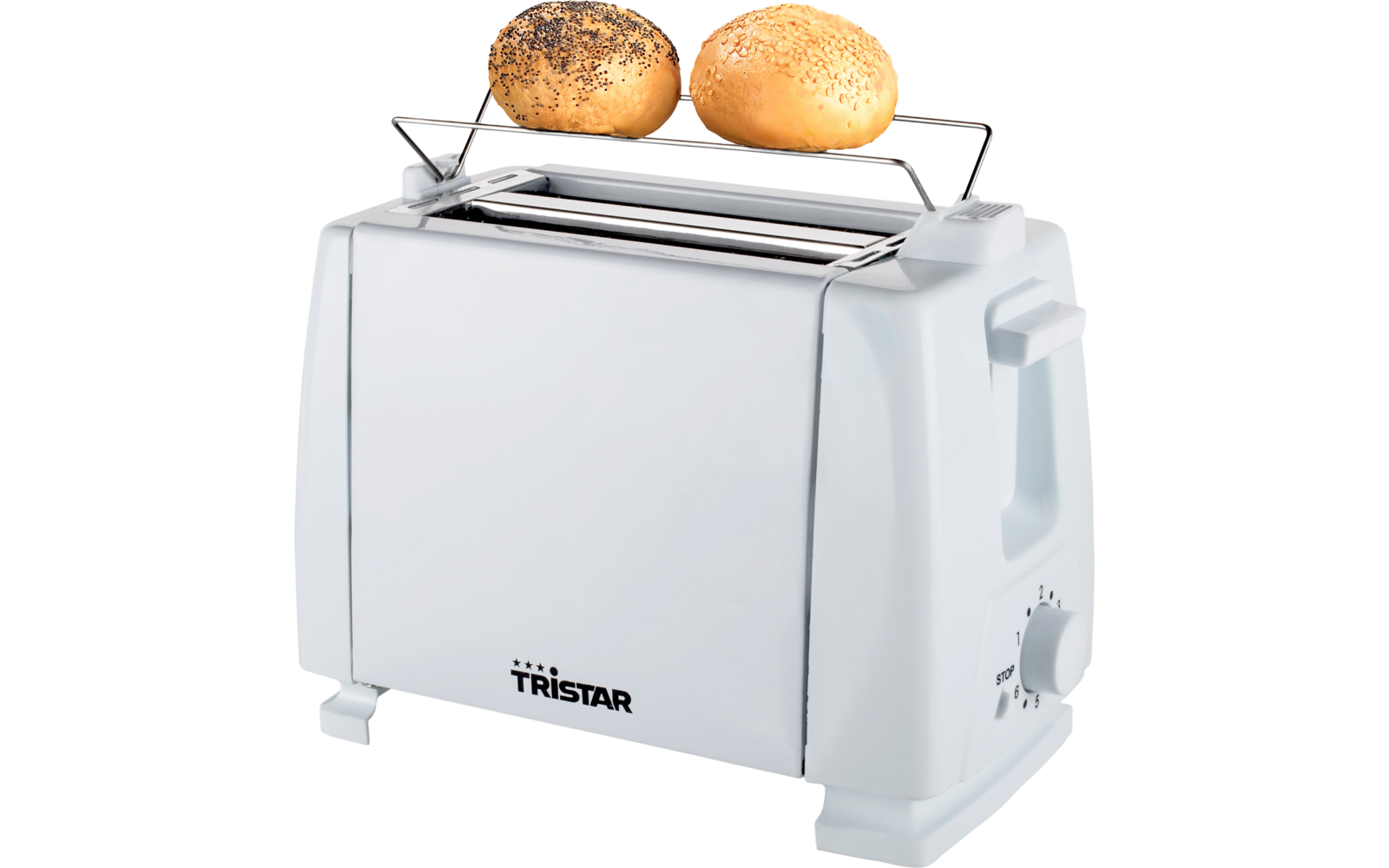 Sideprofil av Toaster med 6 bruningstrinn og rundstykkevarmer hvit 650 W - Tristar