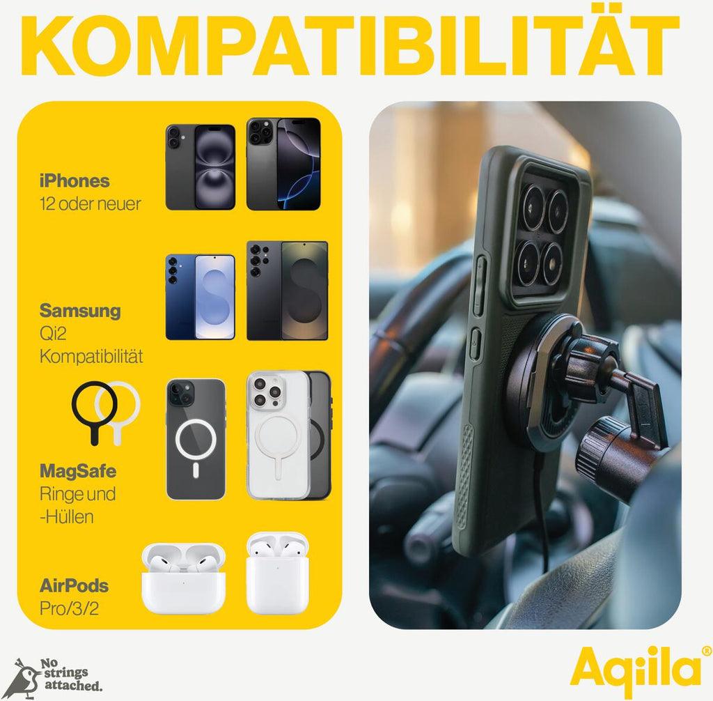Trådløs Qi2-lader QC1 15W svart med bilholder - Aqiila ved siden av smarttelefon