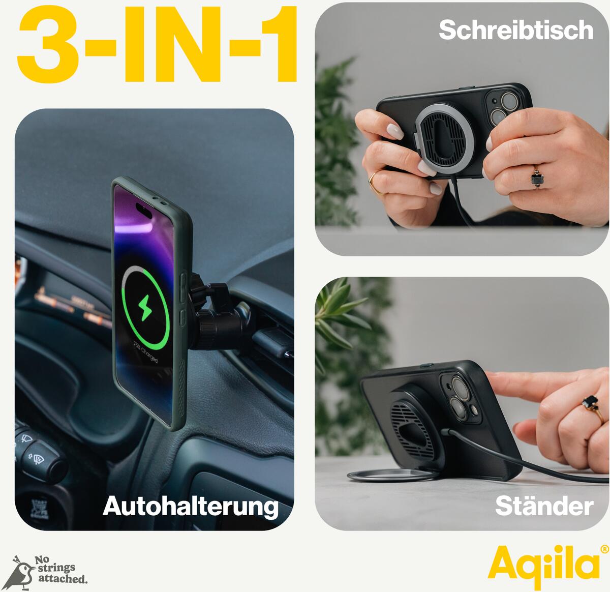 Detalj av ladeflate på Trådløs Qi2-lader QC1 15W svart med bilholder - Aqiila