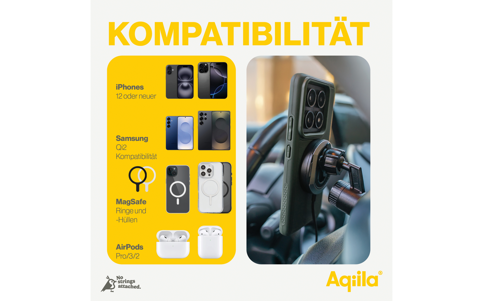 Trådløs telefonlader og -holder Powerbird QC1 montert i bil