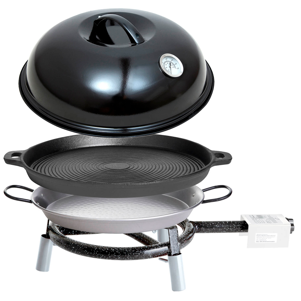 Trekking-Line gassgrill-sett med steikepanne og bakehette forfra