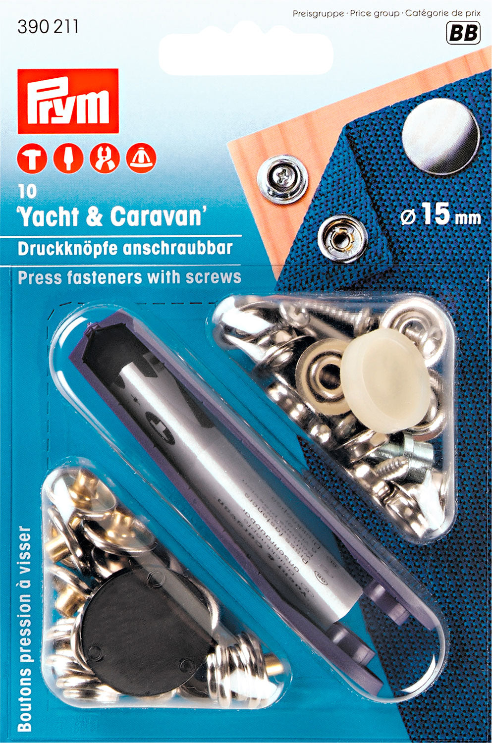 Trykknapp-sett 10 stk Ø 15 mm messing Prym for bobil og camping