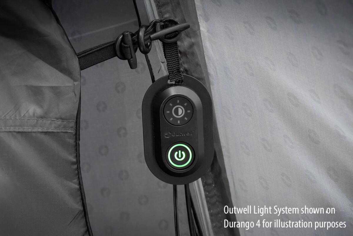 Oversikt over inngangsparti på Tunneltelt Denver 5/6-person med PowerTec-stenger og LED-lys