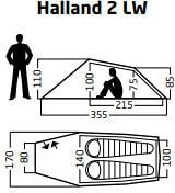 Visning av teltets dimensjoner på Tunneltelt Halland 2 LW (2.0) 2-pers