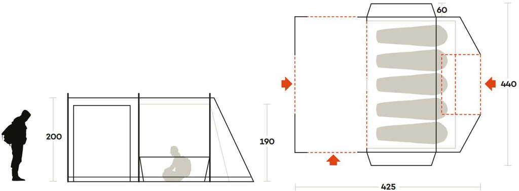 Bakside av Tunneltelt Join 5 familietelt 5-pers. med ventilasjon