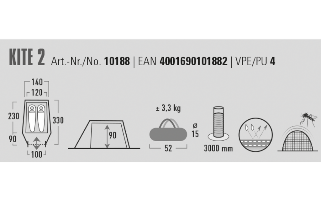 Tunneltelt Kite 2 for 2 personer 2,8 kg vannsøyle 3000 mm - High Peak sett fra siden med lufteventil og inngang