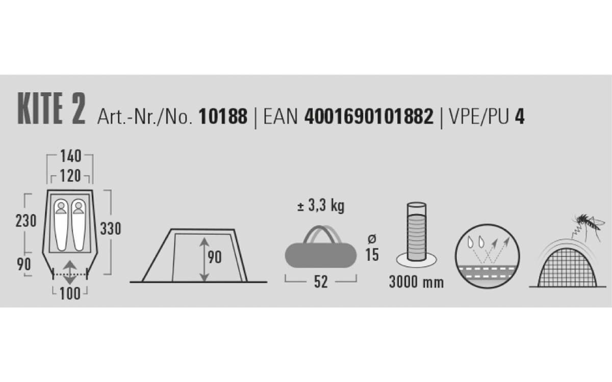 Tunneltelt Kite 2 for 2 personer 2,8 kg vannsøyle 3000 mm - High Peak sett fra siden med lufteventil og inngang