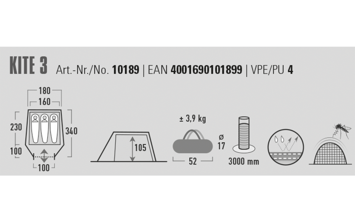 Tunneltelt Kite 3 for 3 personer 3000 mm vannsøyle - High Peak sett fra siden med ventilasjon og vindu