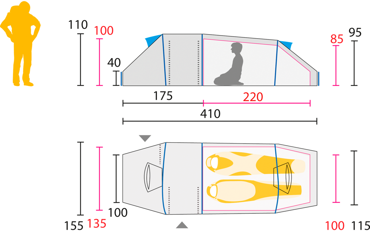 Tunneltelt Lighthouse II RT for 2 personer 3,2 kg - Jack Wolfskin sett fra siden med apsis og barduner