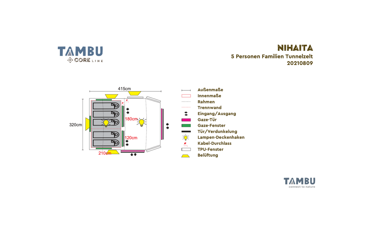 Tunneltelt Nihaita for 5 personer brun 3000 mm 17 kg - Tambu bakside med stor lufteåpning