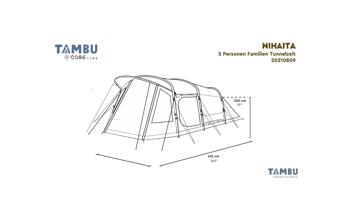 Tunneltelt Nihaita for 5 personer brun 3000 mm 17 kg - Tambu innvendig med soverom og skillevegg