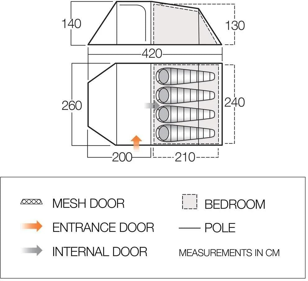 Tunneltelt Skye 400 for 4 personer, 260x420 cm, blå detalj av stenger