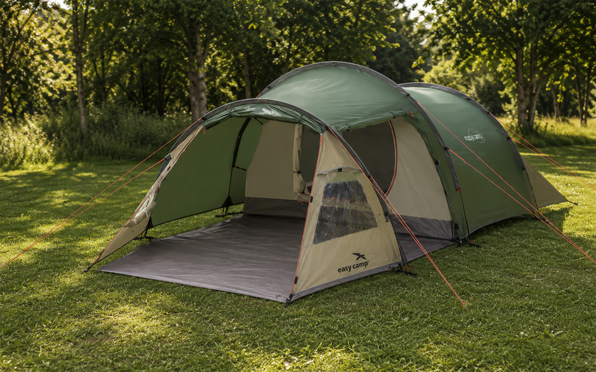 Tunneltelt Spirit 300 Rustic Green 3 personer 4,5 kg - Easy Camp oppslått sett fra siden med forteltdel