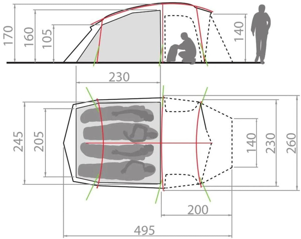 Montert Tunneltelt Taurus XT 4-personer 495x260cm grønn i natur